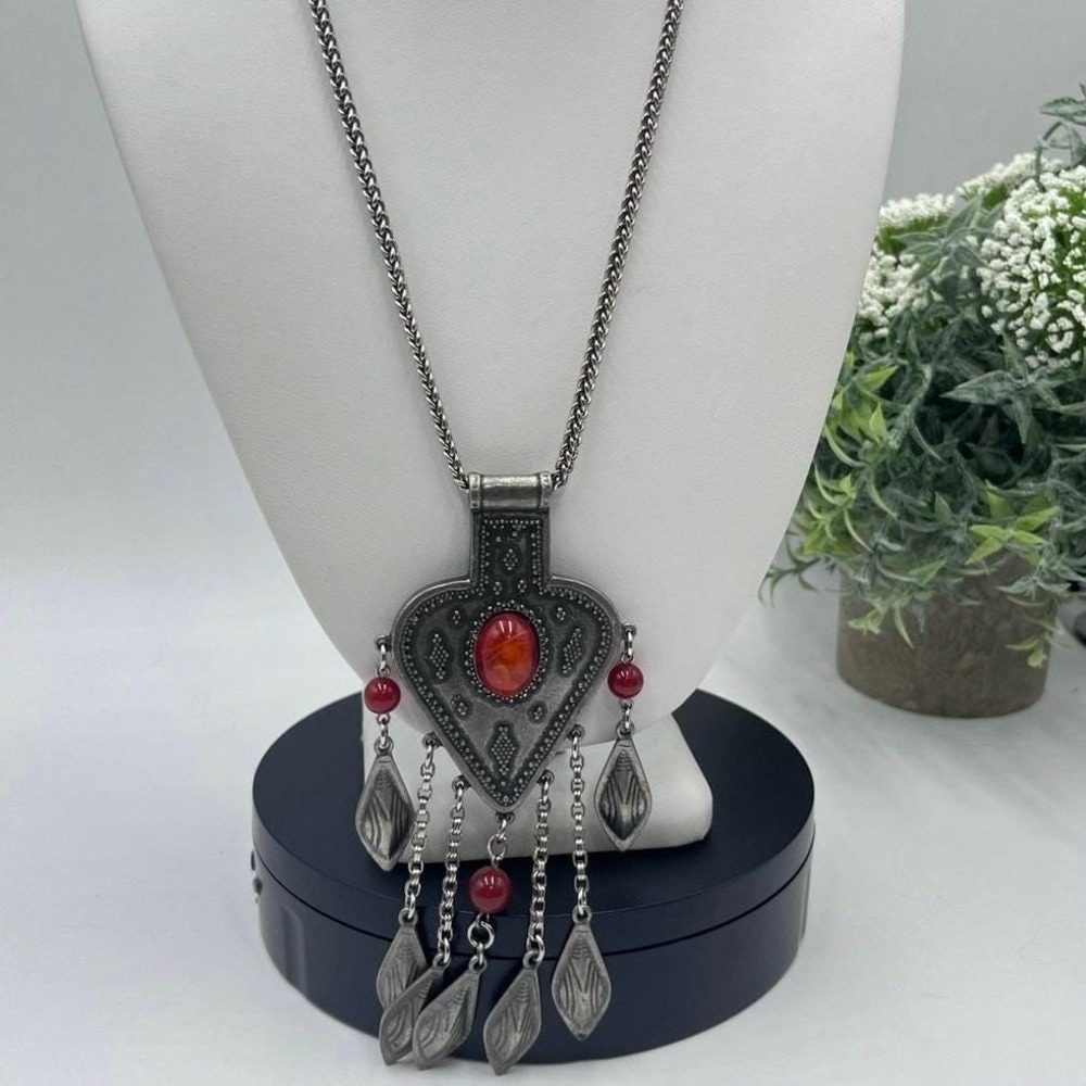 Ben-Amun‎ 1980 Faux Statement Carnelian Signed Tribal Dangle Long Necklace